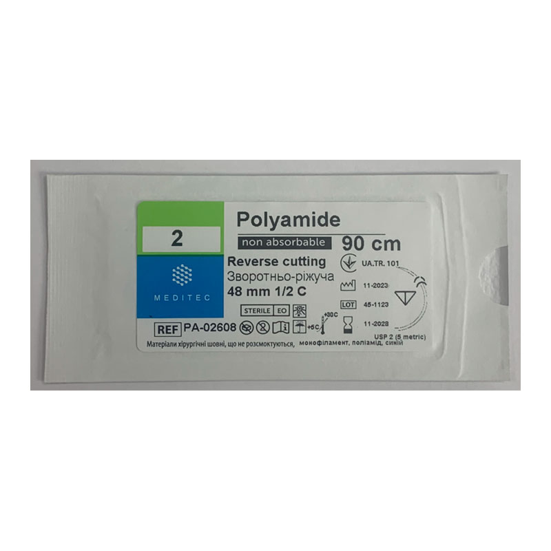 Матеріал шовний хірургічний, що не розсмоктується поліамід, USP 2 монофіламентний, синій, довжиною 90 см, Meditec®